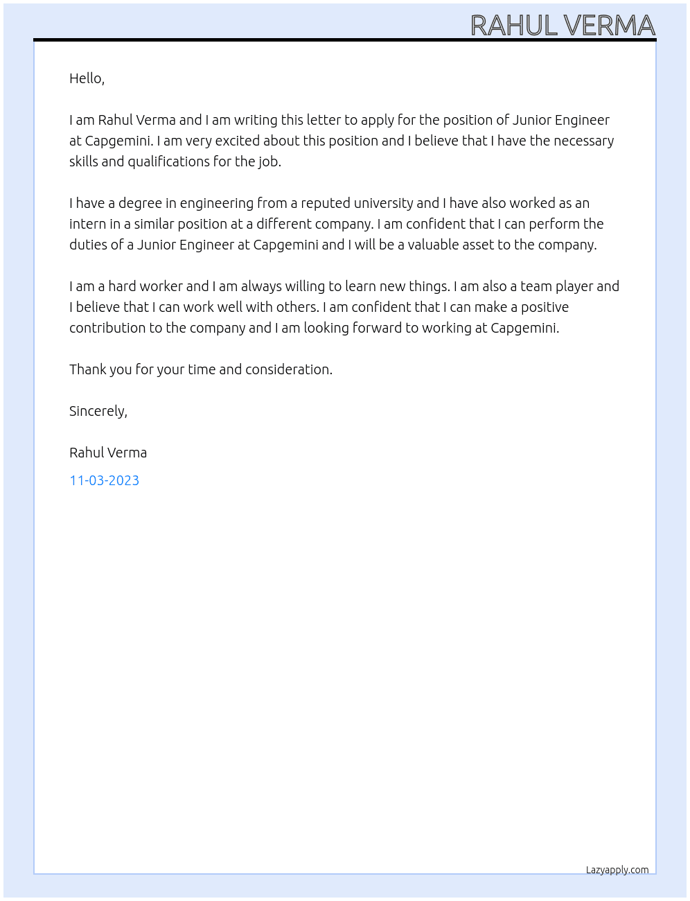 Junior Engineer At Capgeminii Cover Letter
