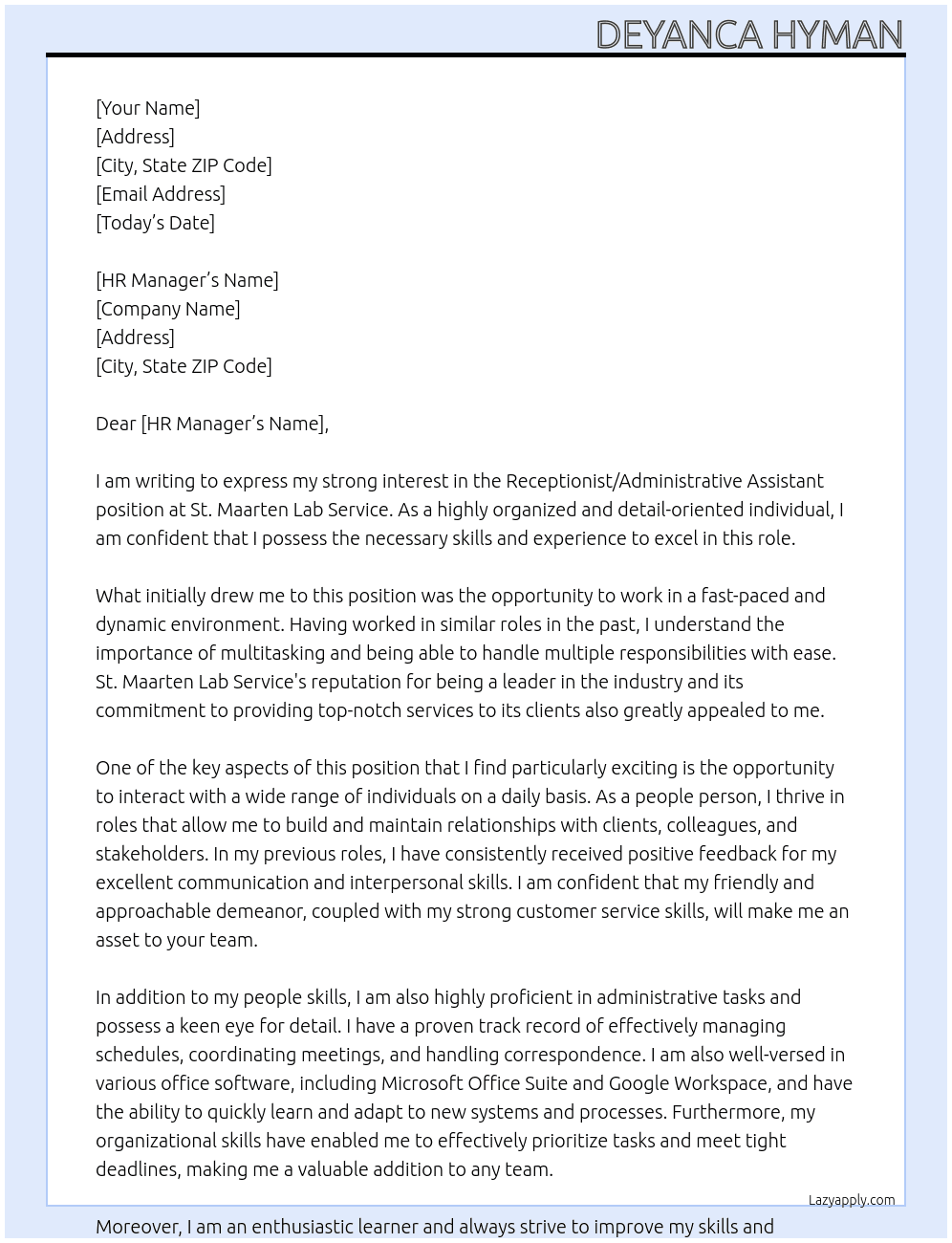Receptionist/ Administrative Assistant At St. Maarten Lab Service Cover Letter