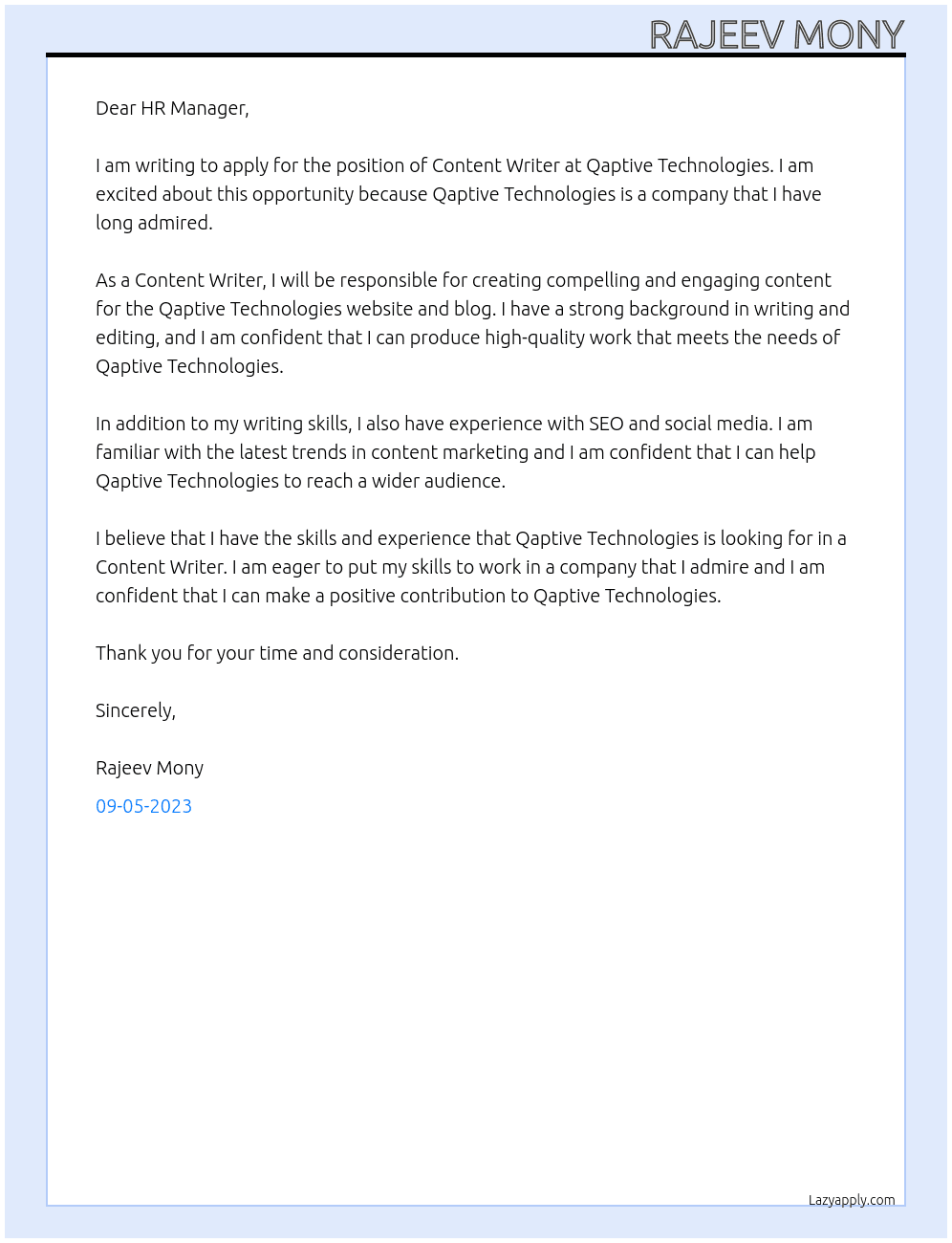 CONTENT WRITER At QAPTIVE TECHNOLOGIES  Cover Letter