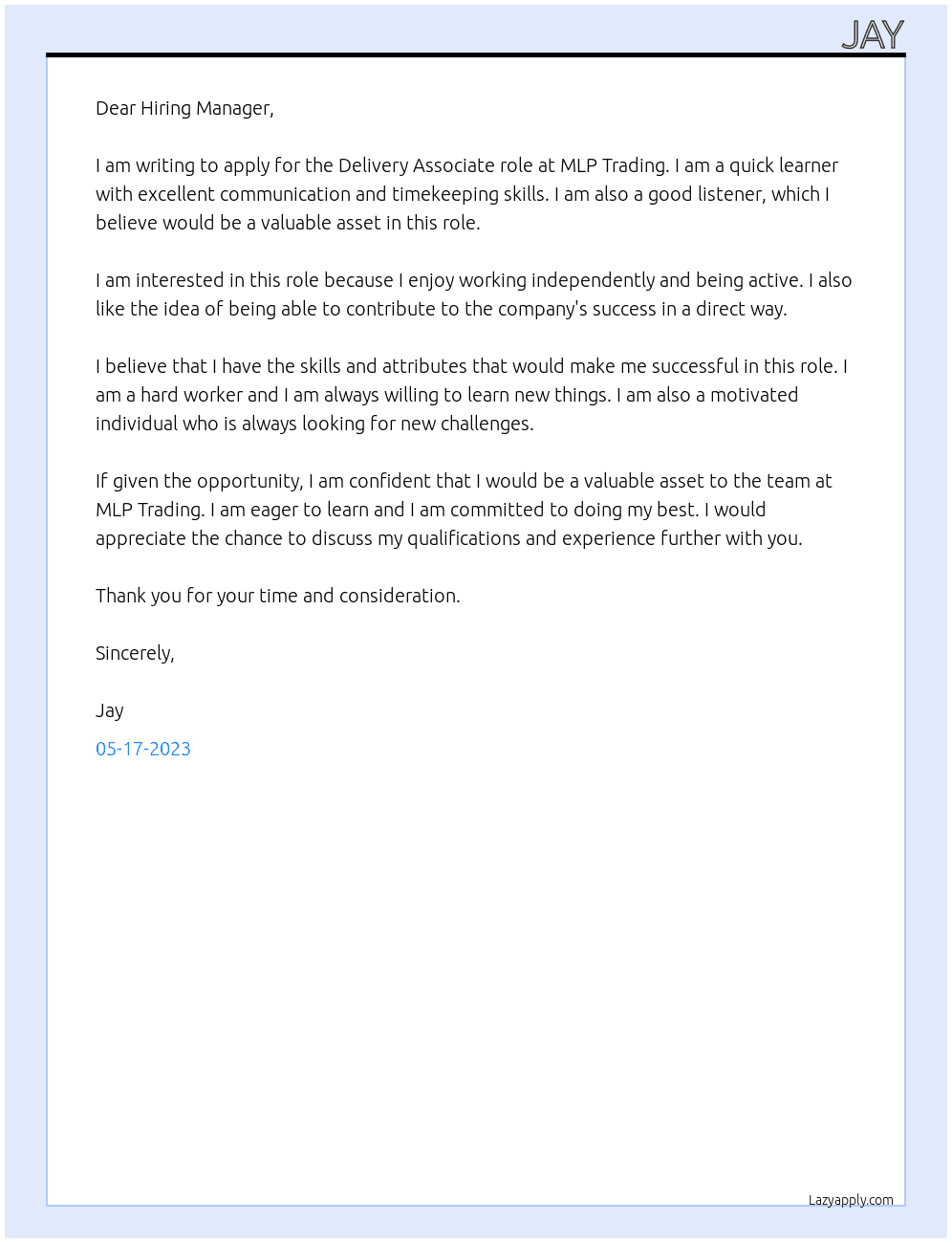 Delivery Associate At MLP Trading Cover Letter