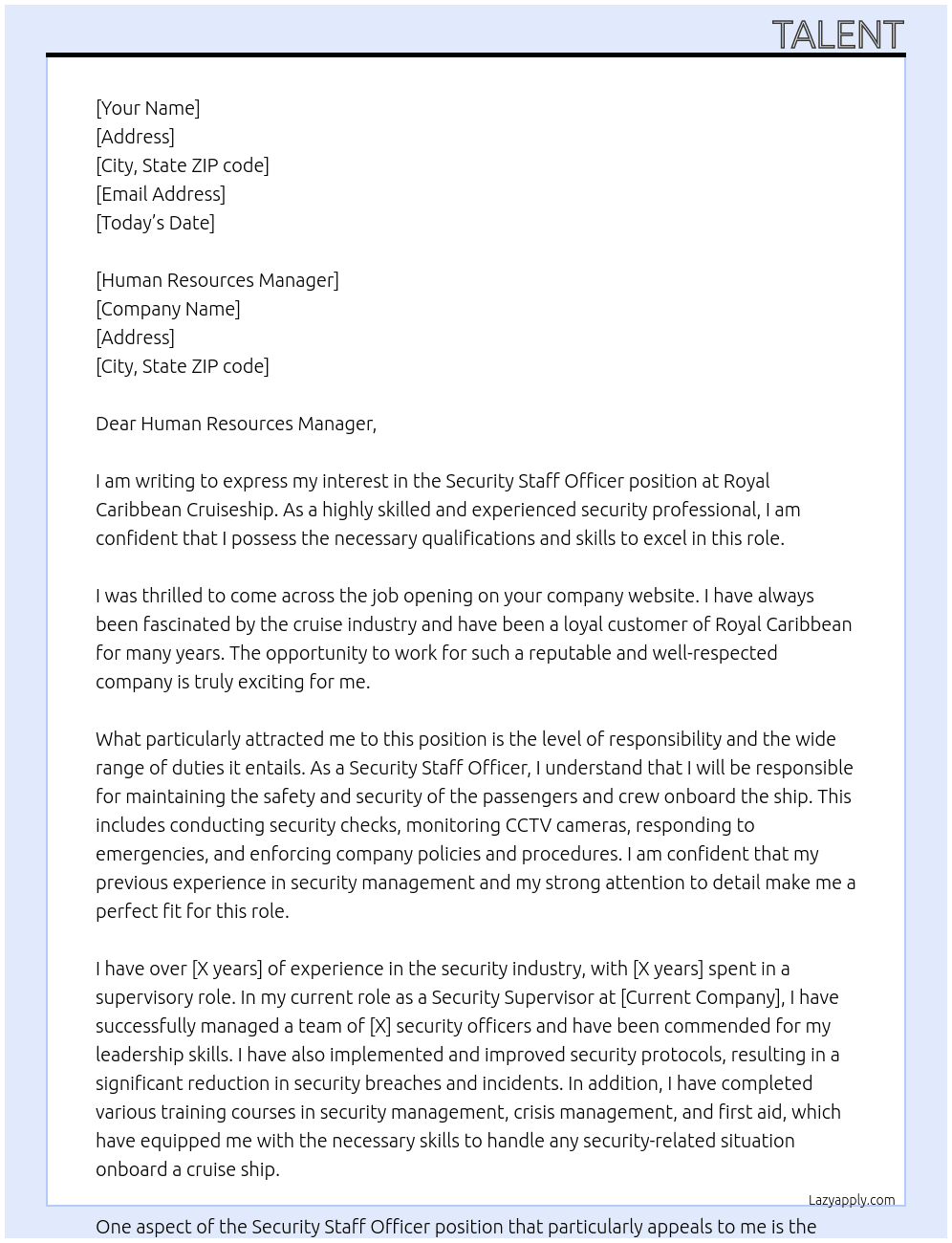 Security staff officer At Royal Caribbean Cruiseship Cover Letter