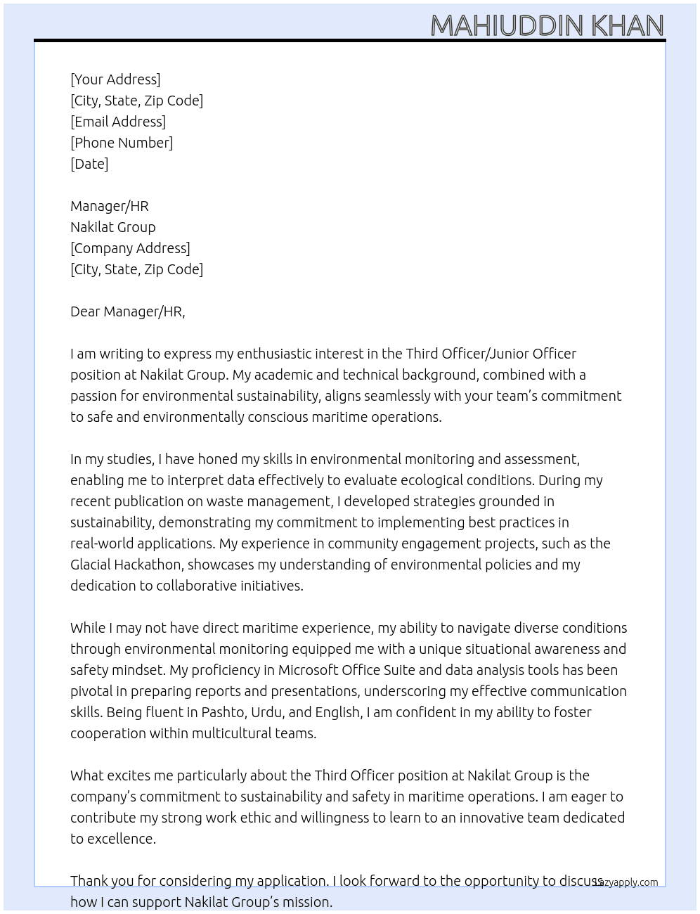 Third Officer / junior Officer At Nakilat Group Cover Letter