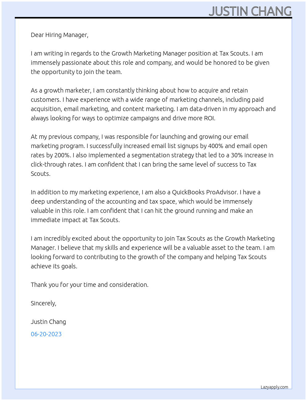 Growth Marketing Manager At Tax Scouts Cover Letter