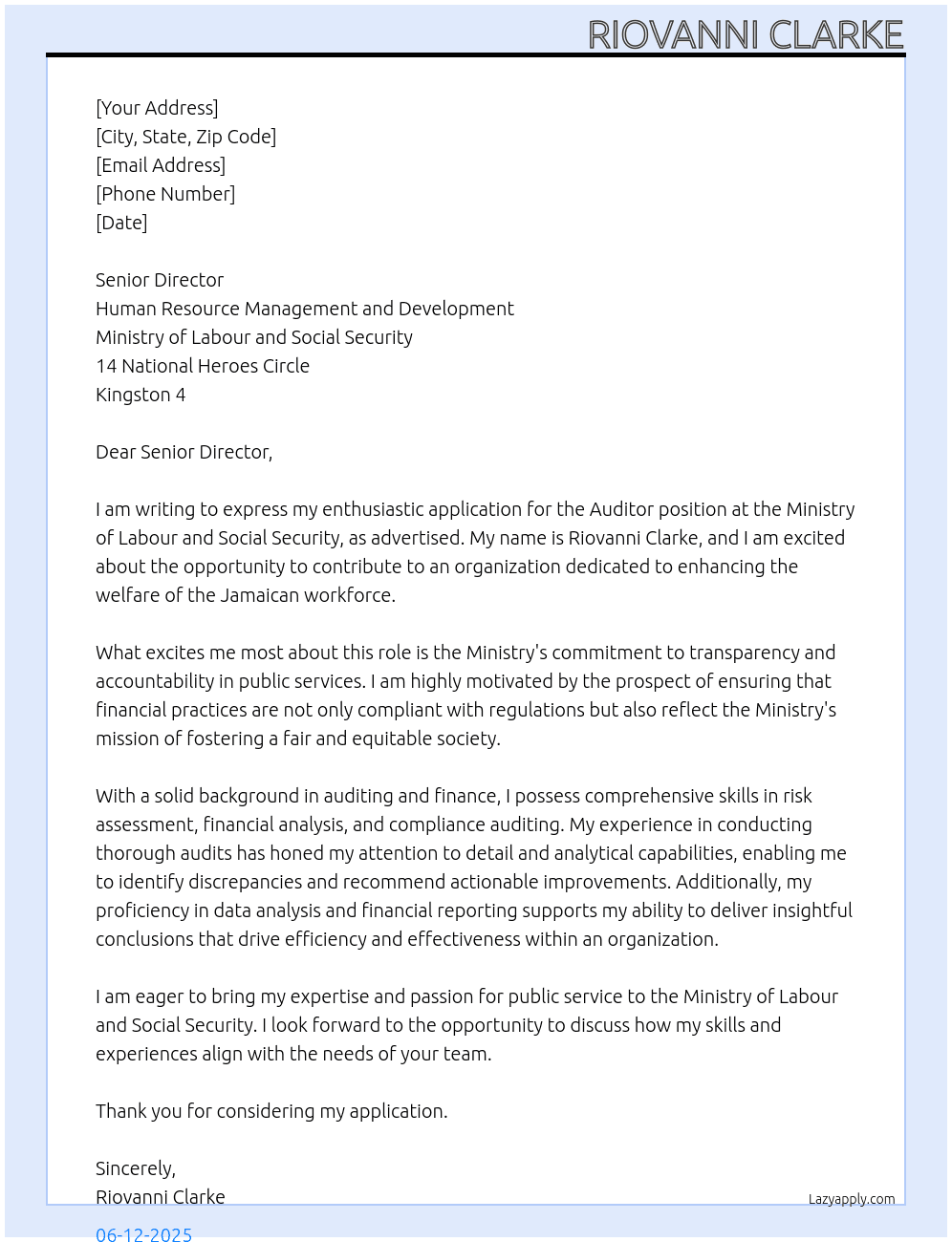 Auditor At Ministry of Labour and Social Security Cover Letter