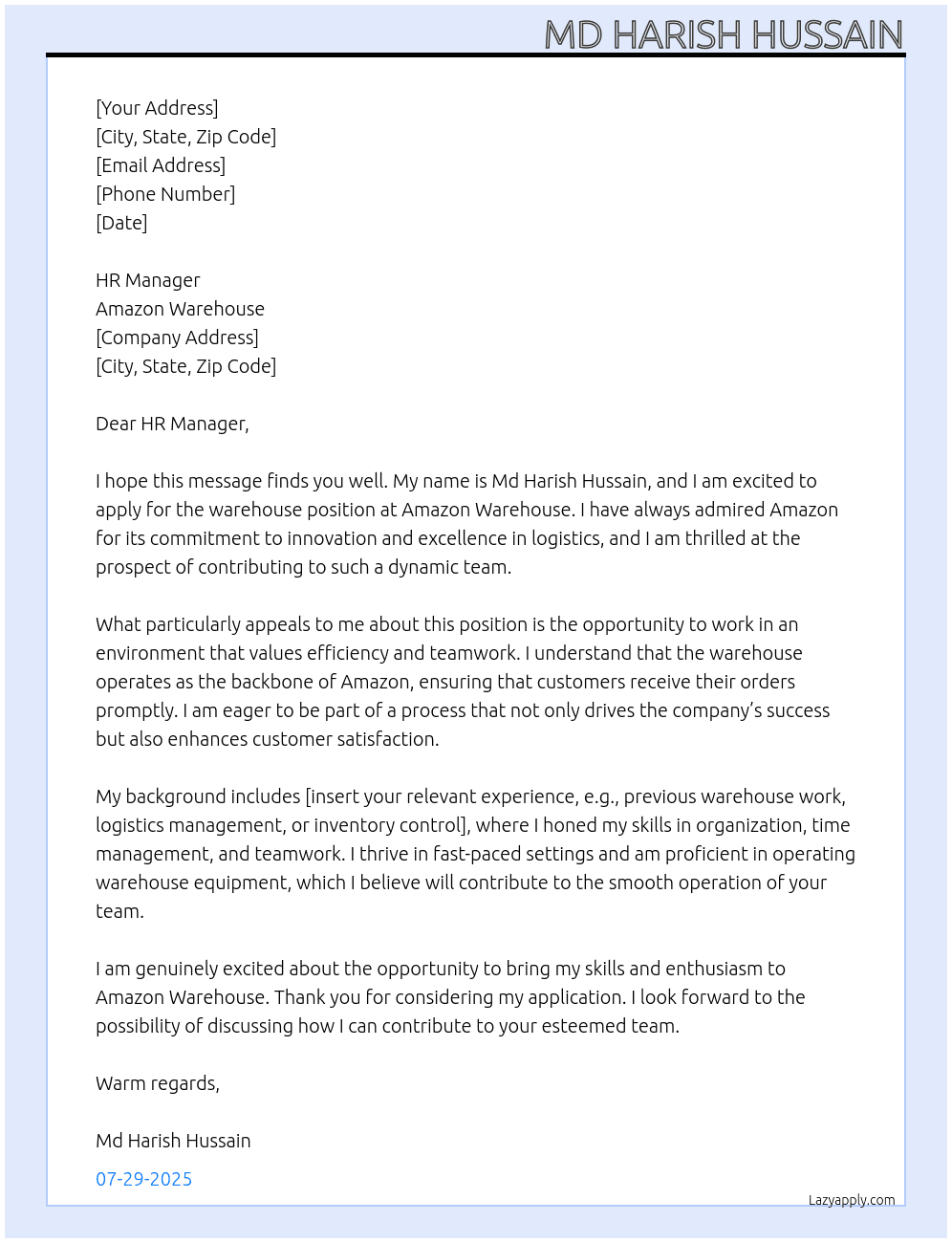 warehouse At Amazon warehouse Cover Letter