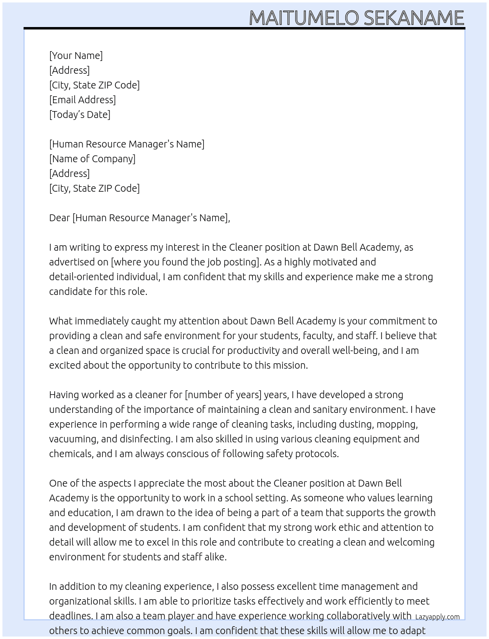 Cleaner  At Dawn Bell Academy Cover Letter