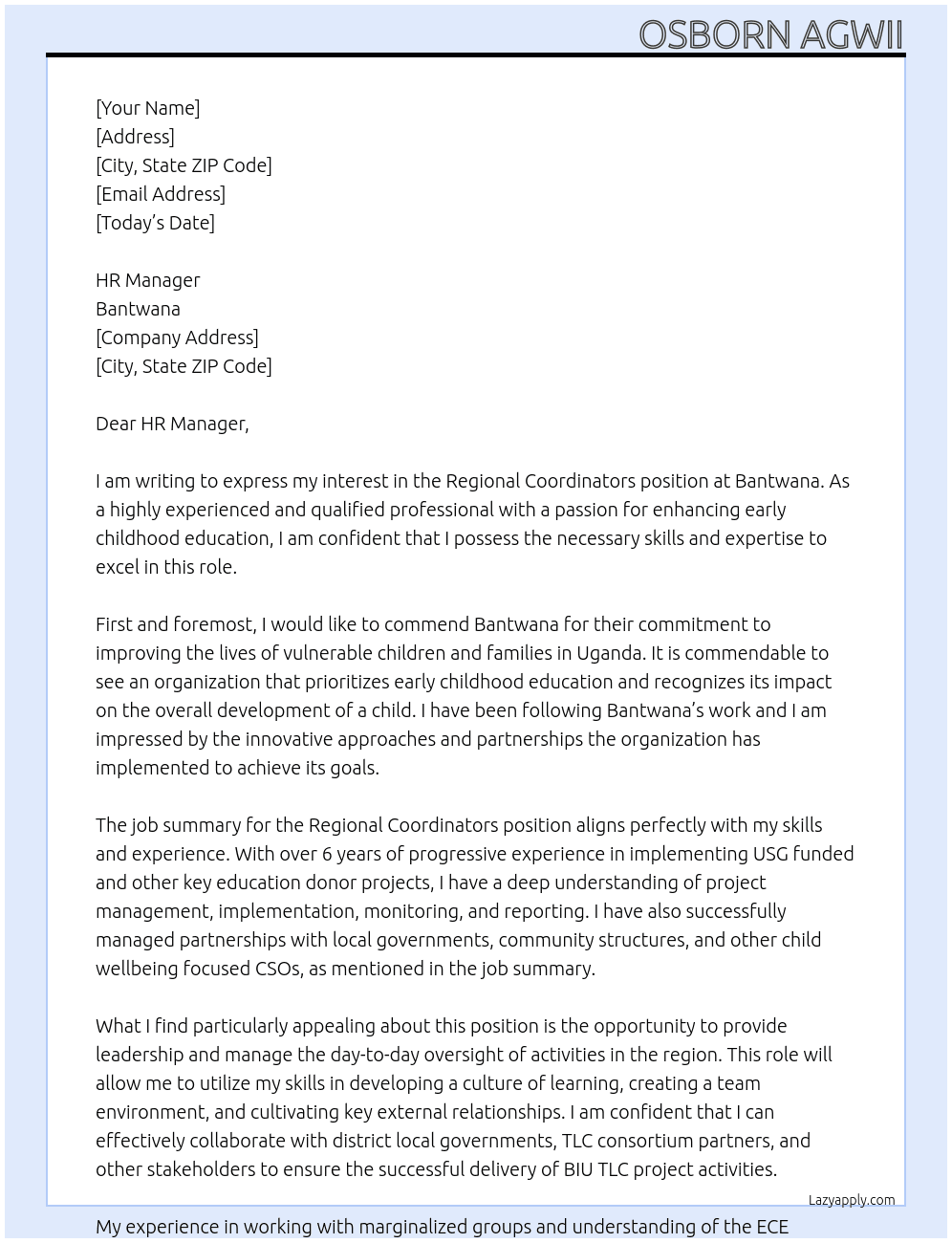 Regional Coordinators At Bantwana Cover Letter