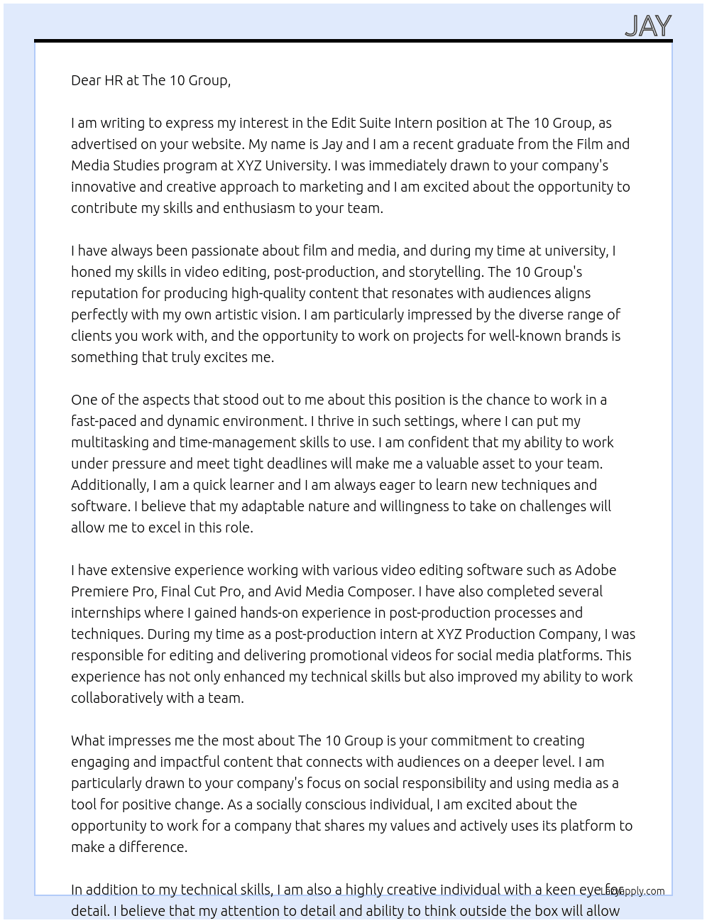 Edit suite intern At The 10 Group Cover Letter