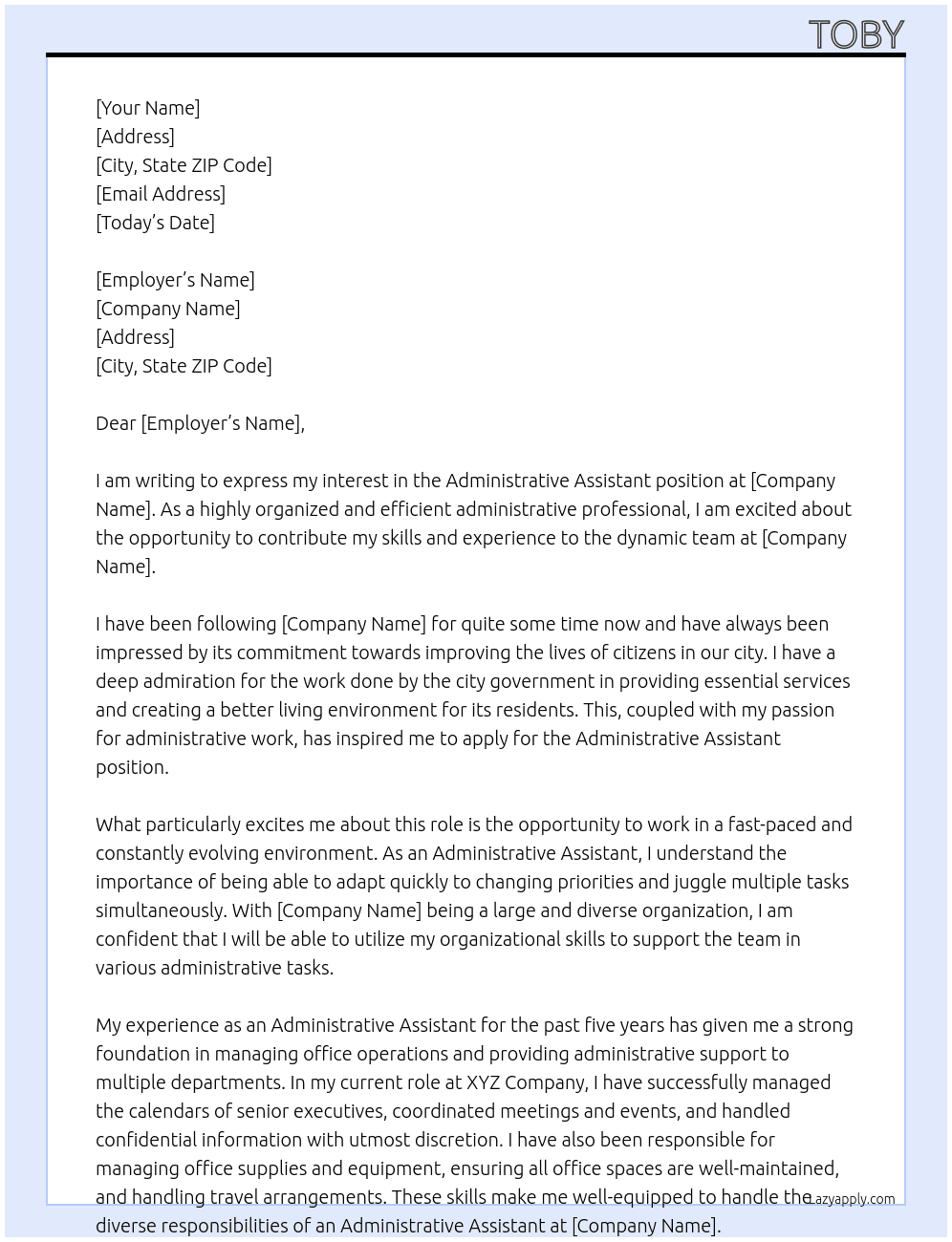Administrative Assistant At City government  Cover Letter