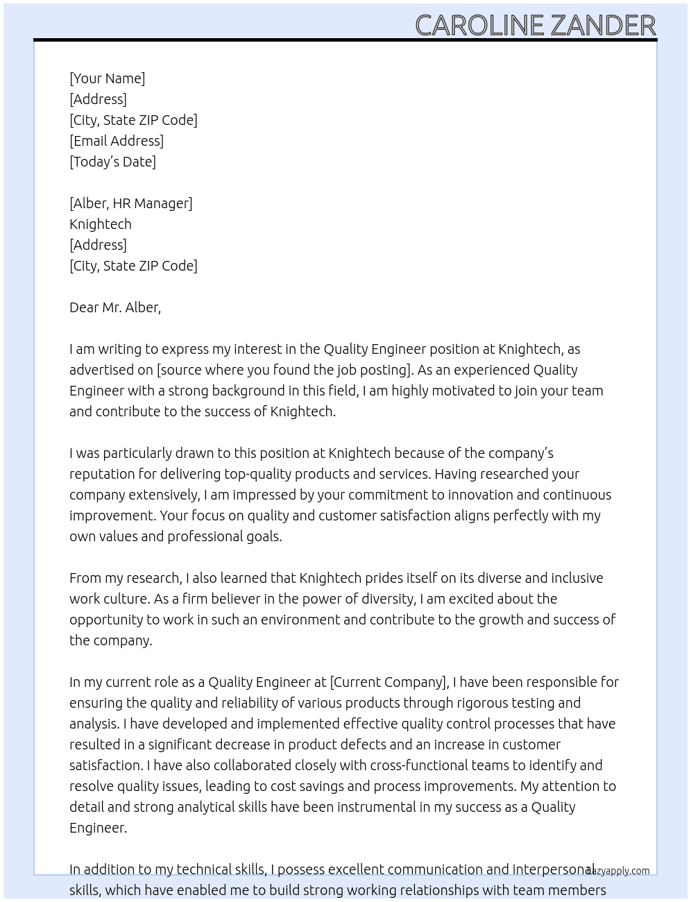 Quality Engineer At Knightech Cover Letter