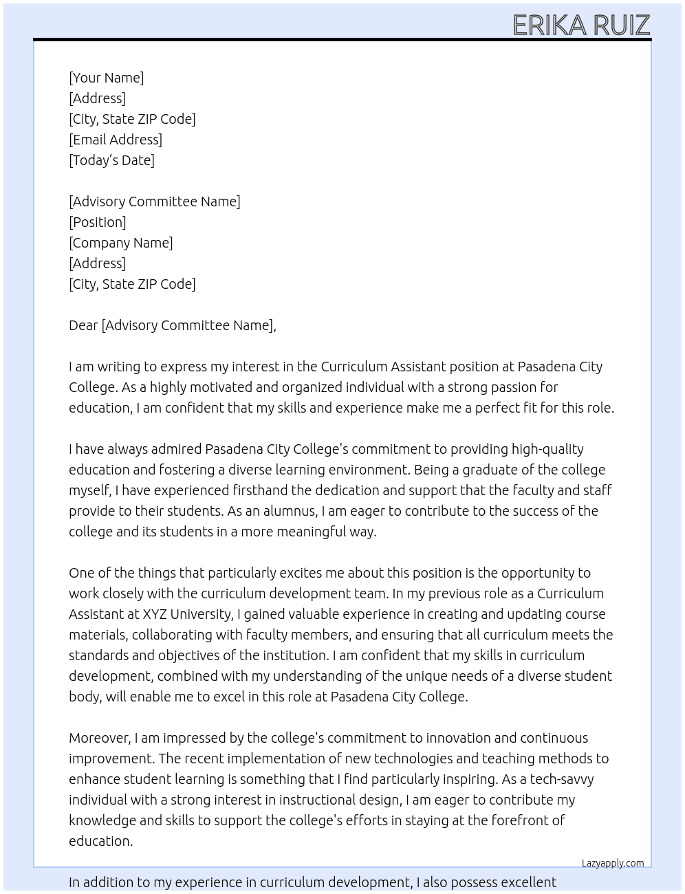 Curriculum Assistant At Pasadena City College Cover Letter