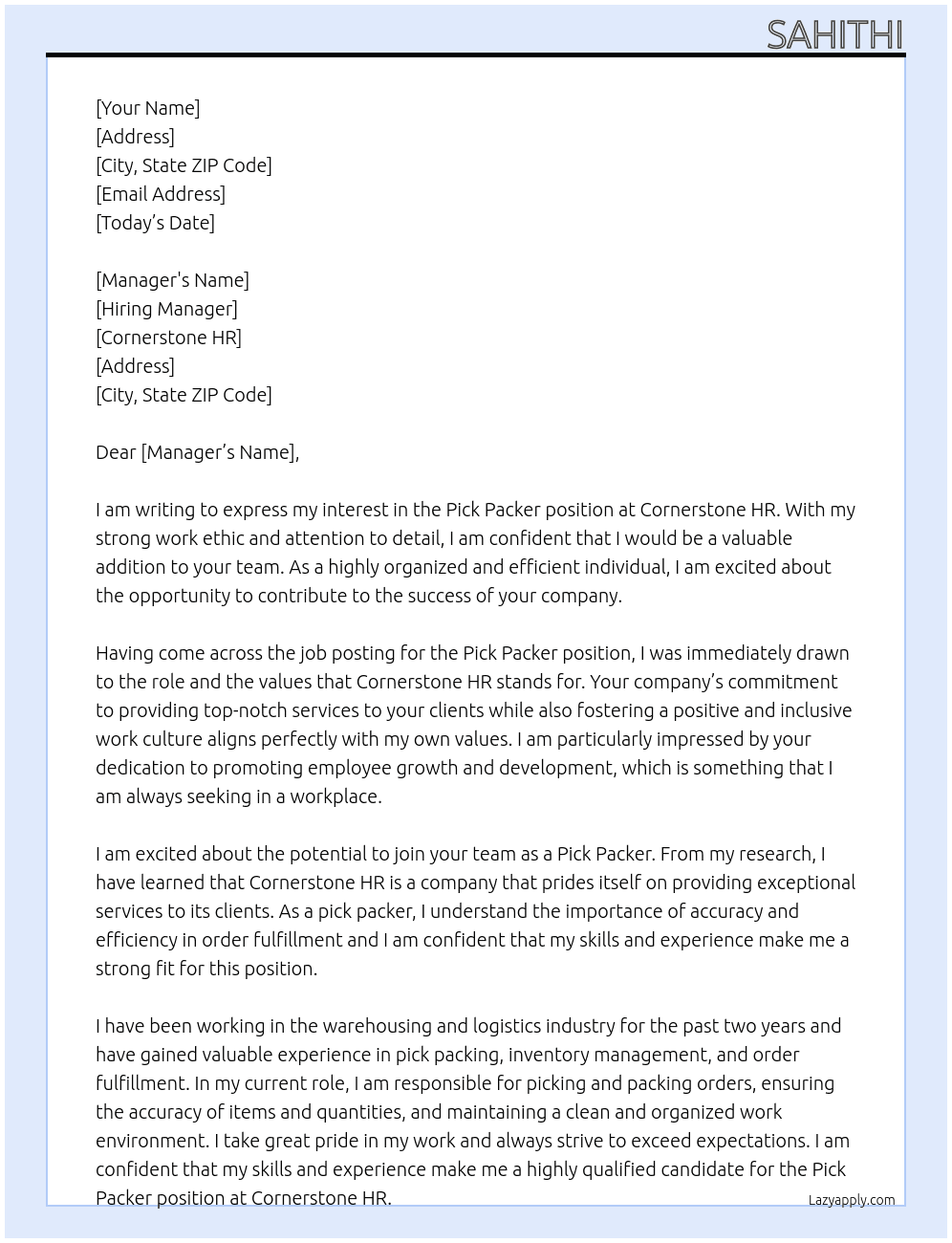 Pick packer At Cornerstone HR Cover Letter