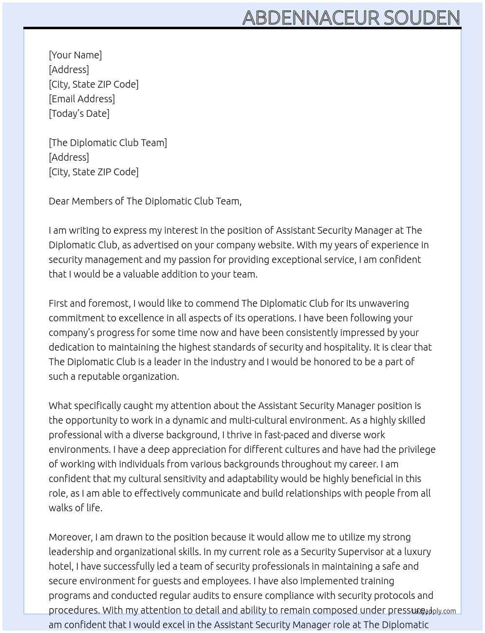 Assistant security manager  At The diplomatic club Cover Letter
