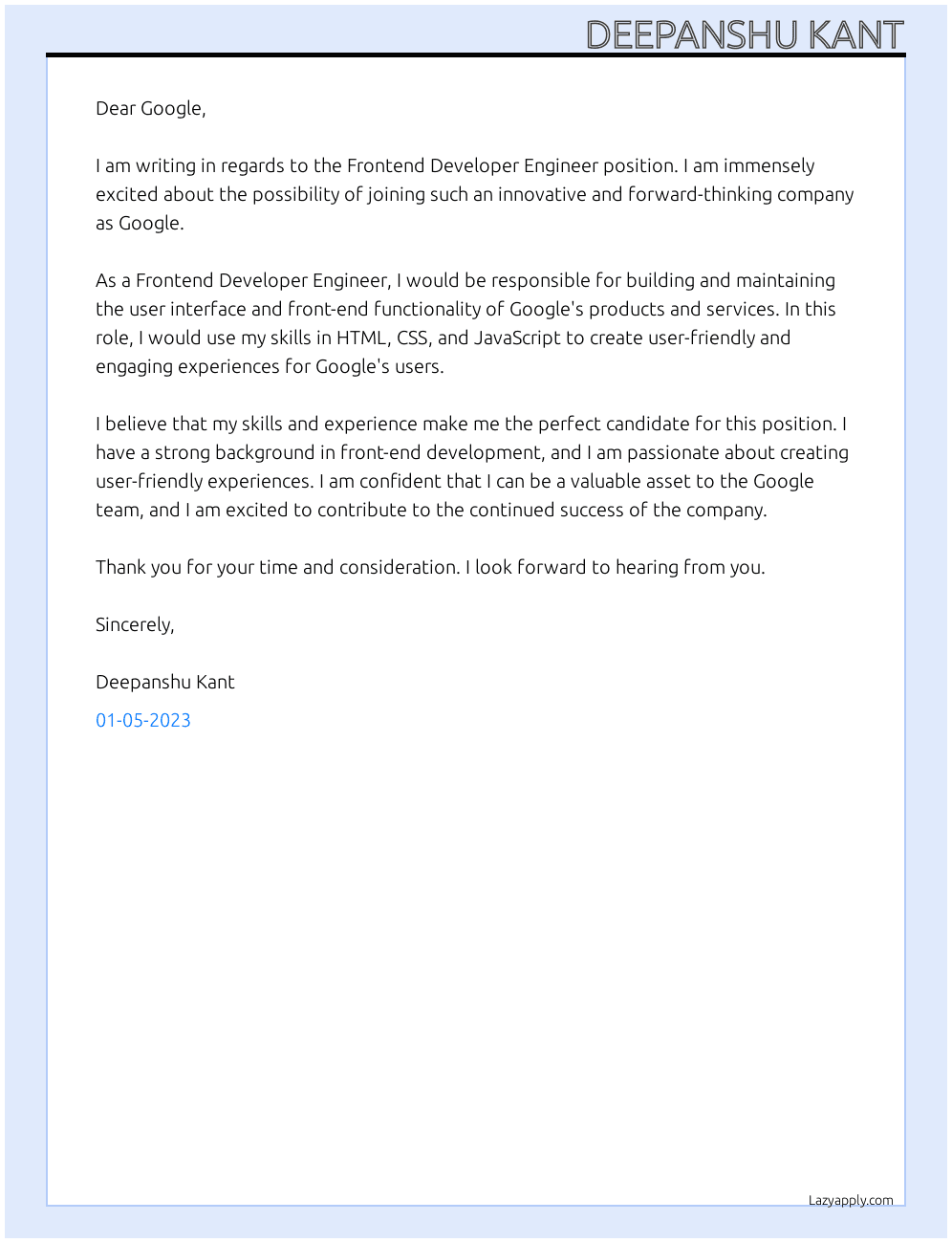 Cover letter for frontend developer engineer - LazyApply