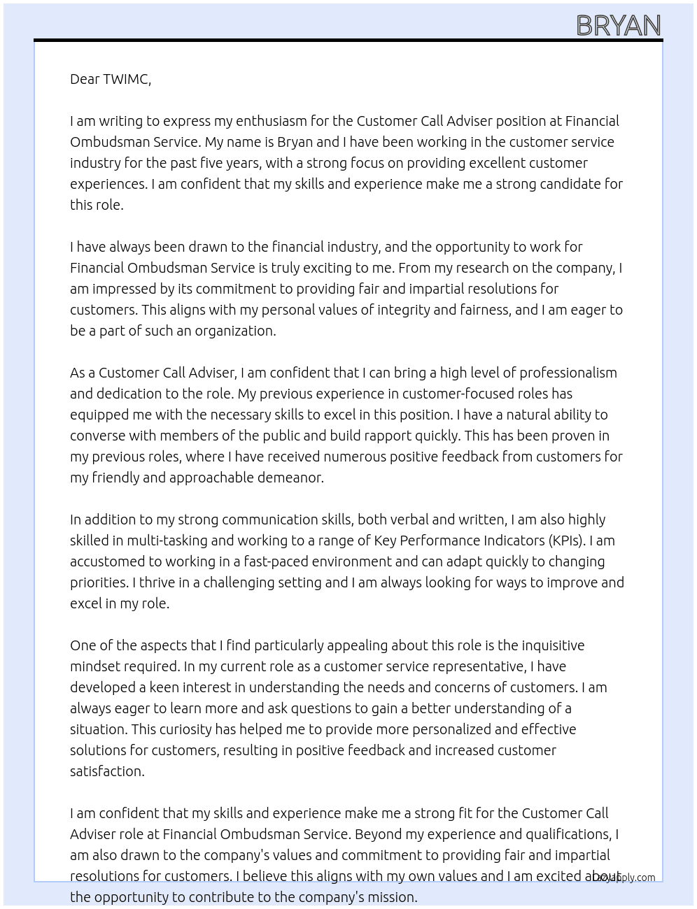 Customer Call Adviser At  Financial Ombudsman Service Cover Letter