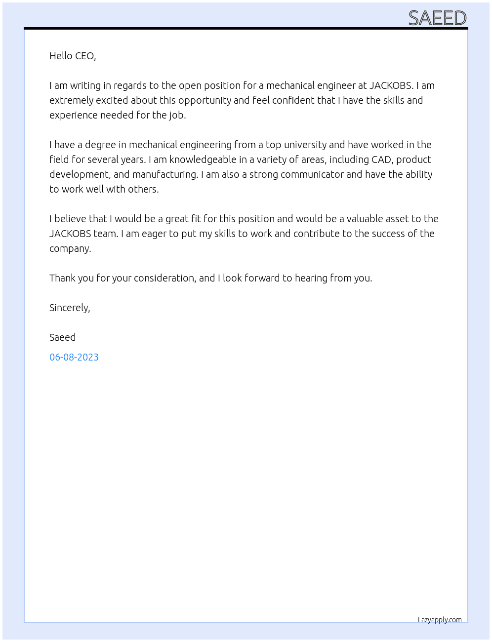 MECHANICAL ENGINEER At JACKOBS Cover Letter