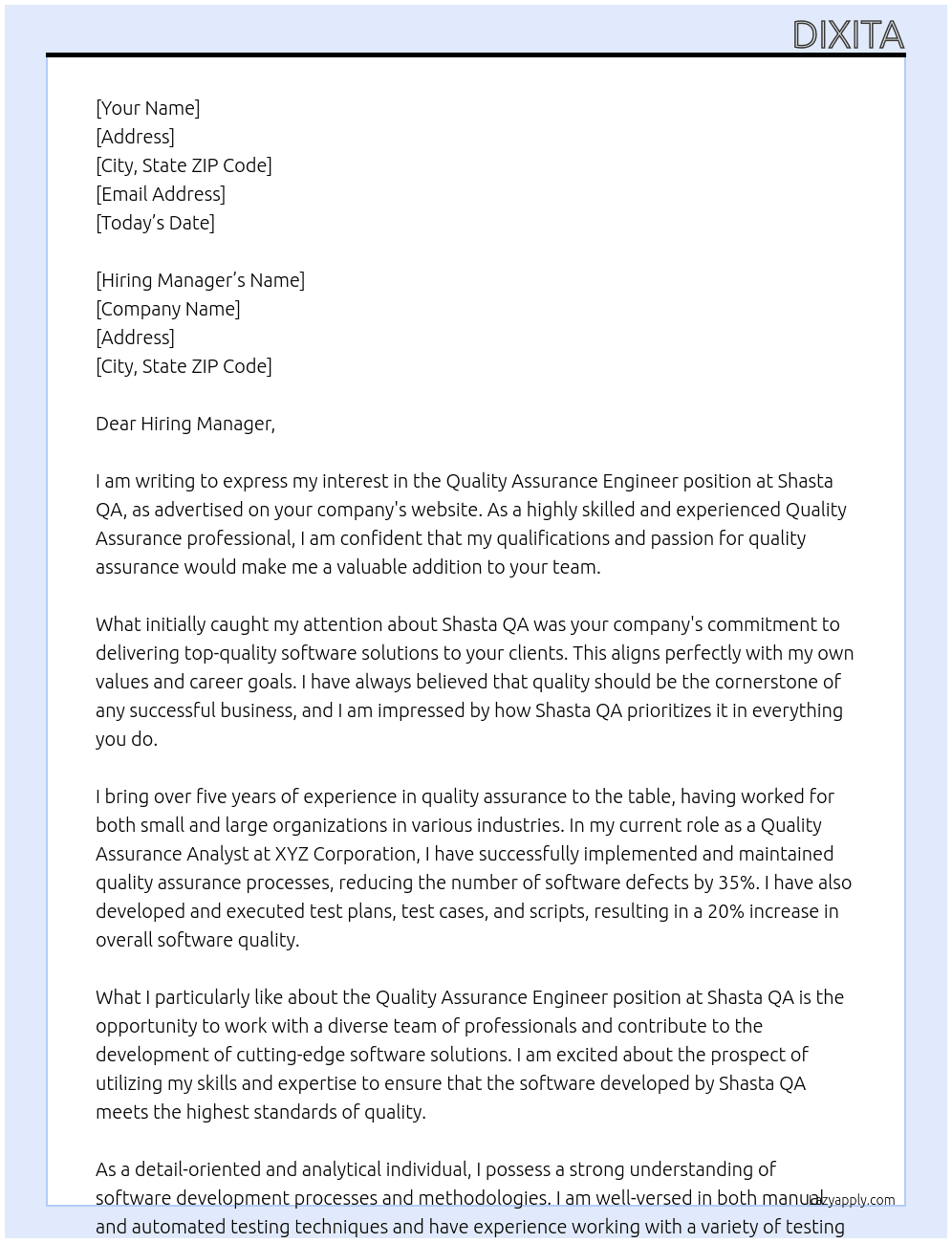 Quality Assuranceengineer At Shasta QA Cover Letter