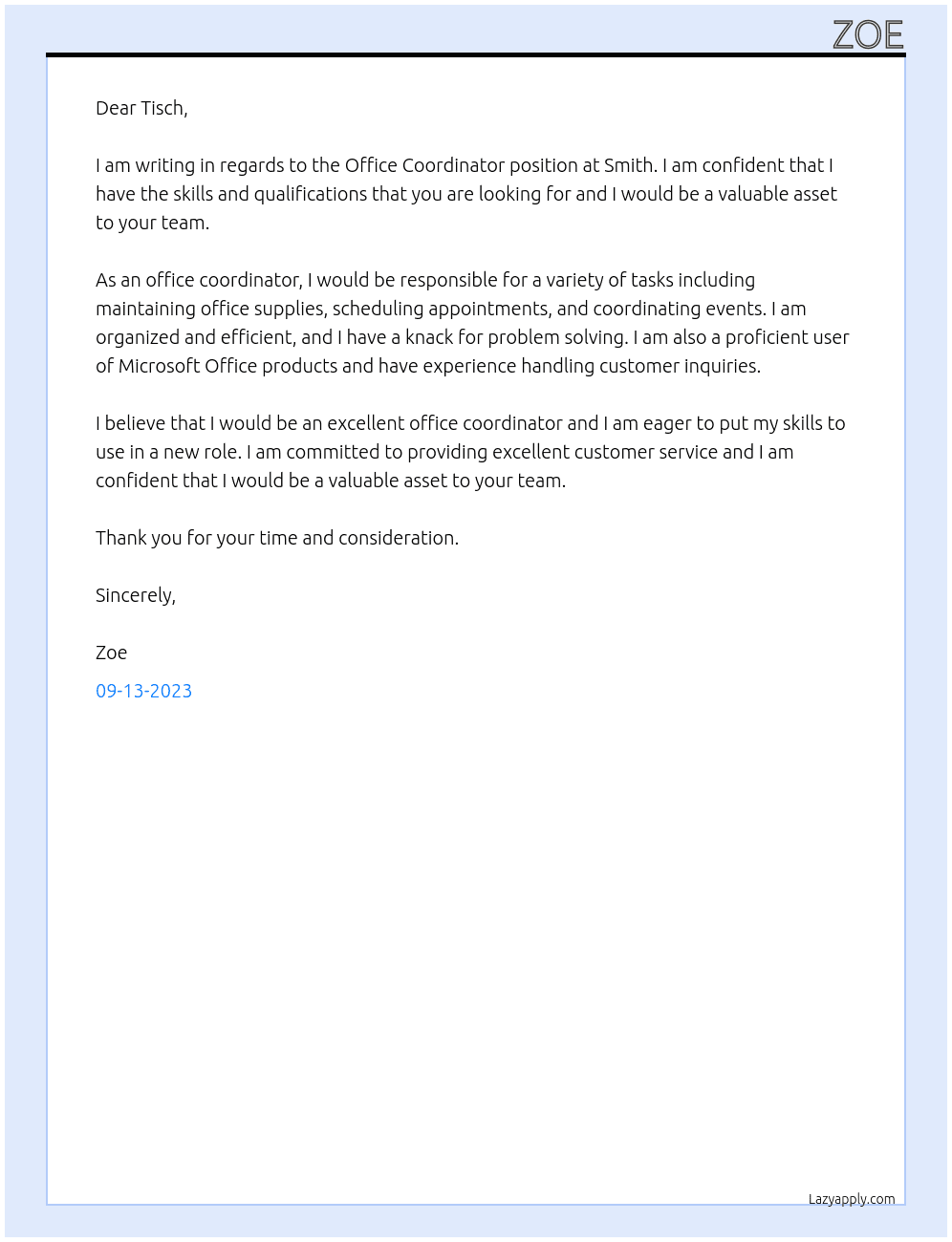 office coordinator At Smith Cover Letter