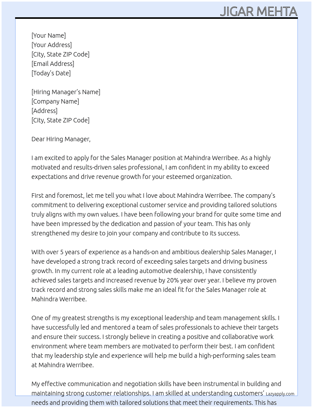 Sales Manager At Mahindra Werribee Cover Letter