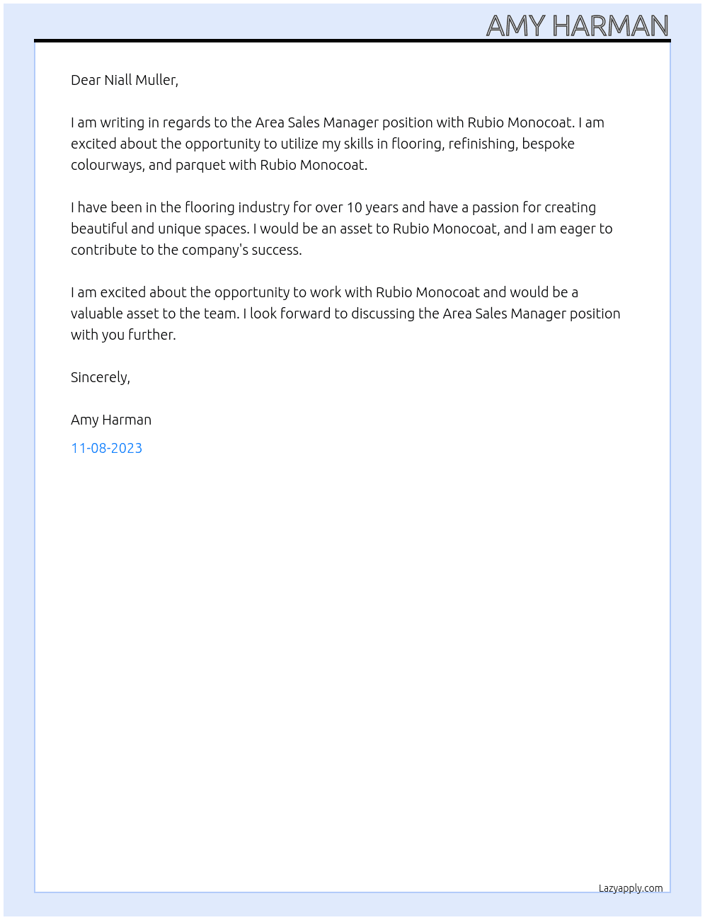 Area Sales Manager At Rubio Monocoat Cover Letter