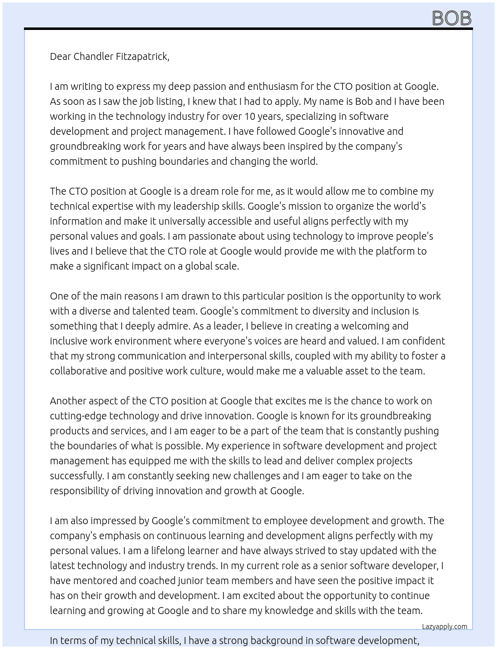 CTO At google Cover Letter