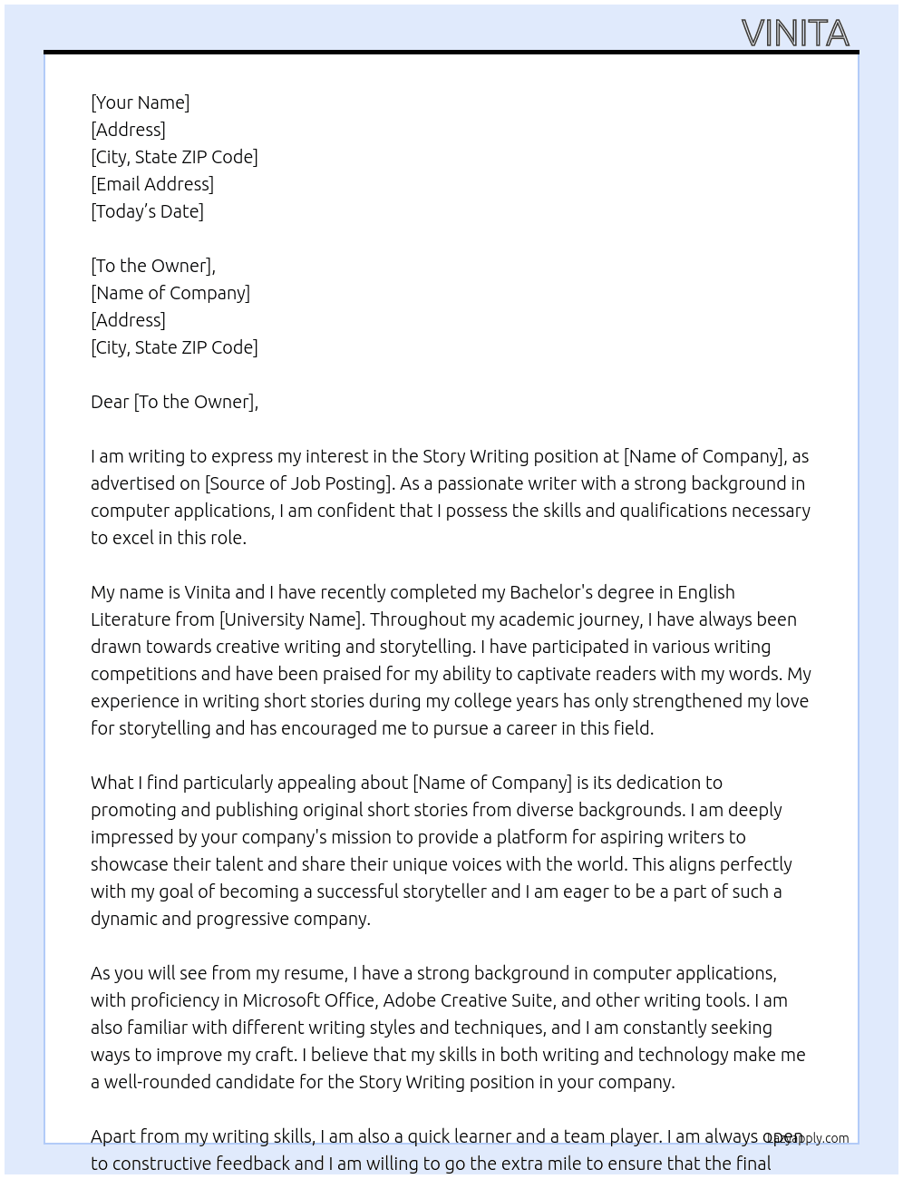 Story writing  At Short story writer  Cover Letter