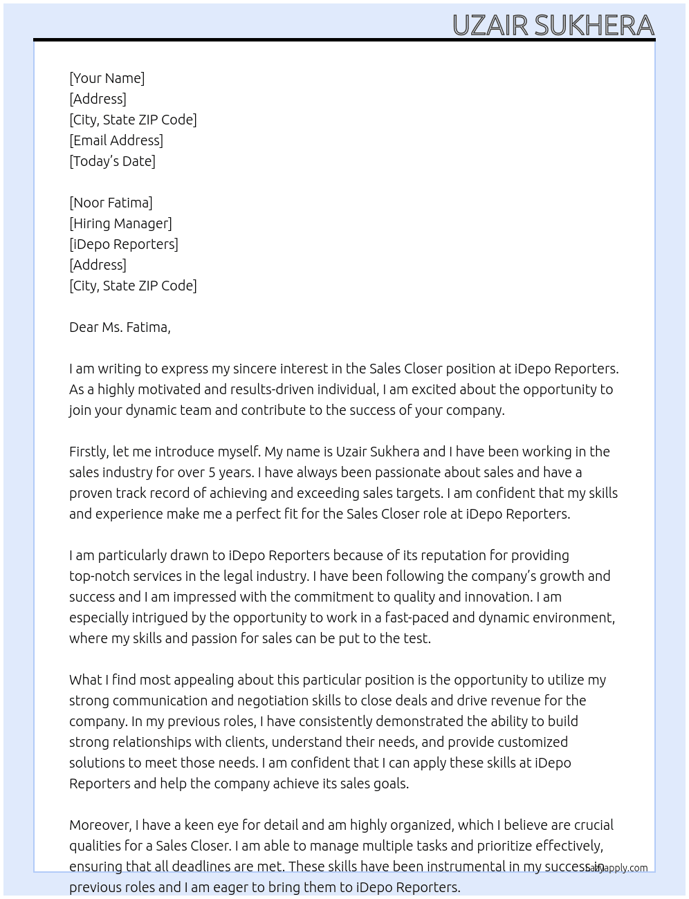 Sales Closer At iDepo Reporters Cover Letter