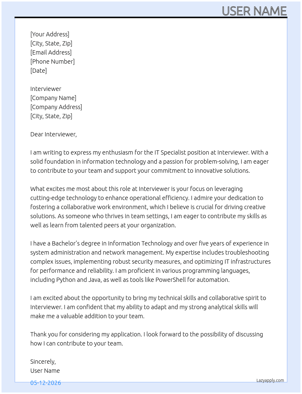 IT specialist At Interviewer Cover Letter