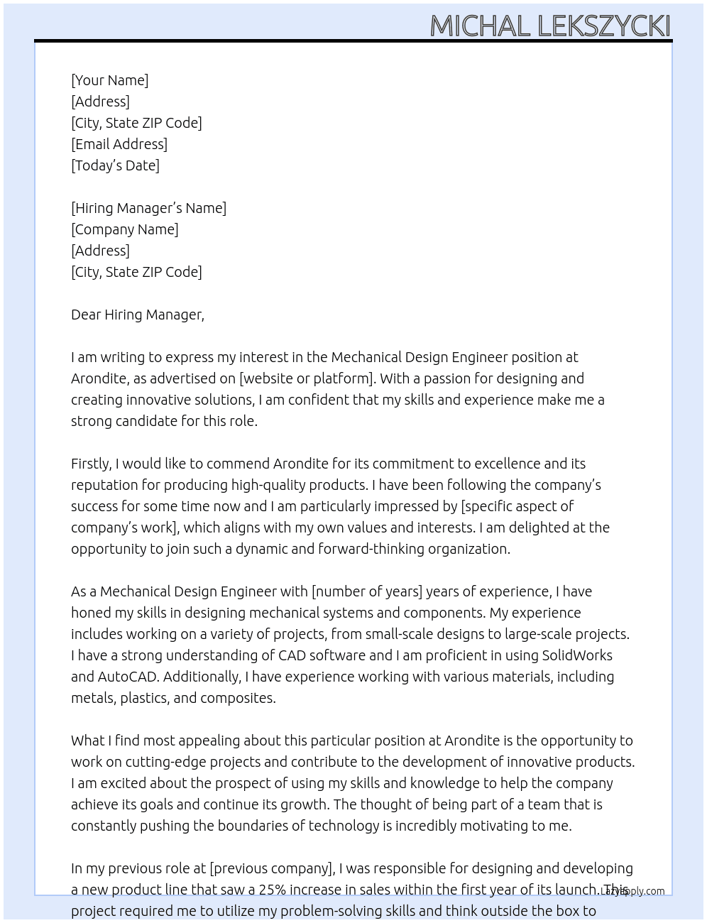Mechanical Design Engineer At Arondite Cover Letter