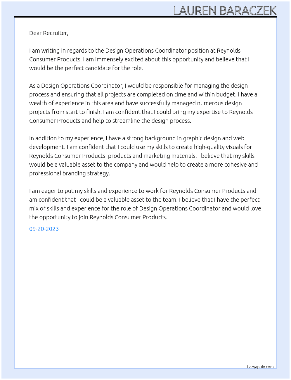 Design Operations Coordinator At Reynolds Consumer Products Cover Letter