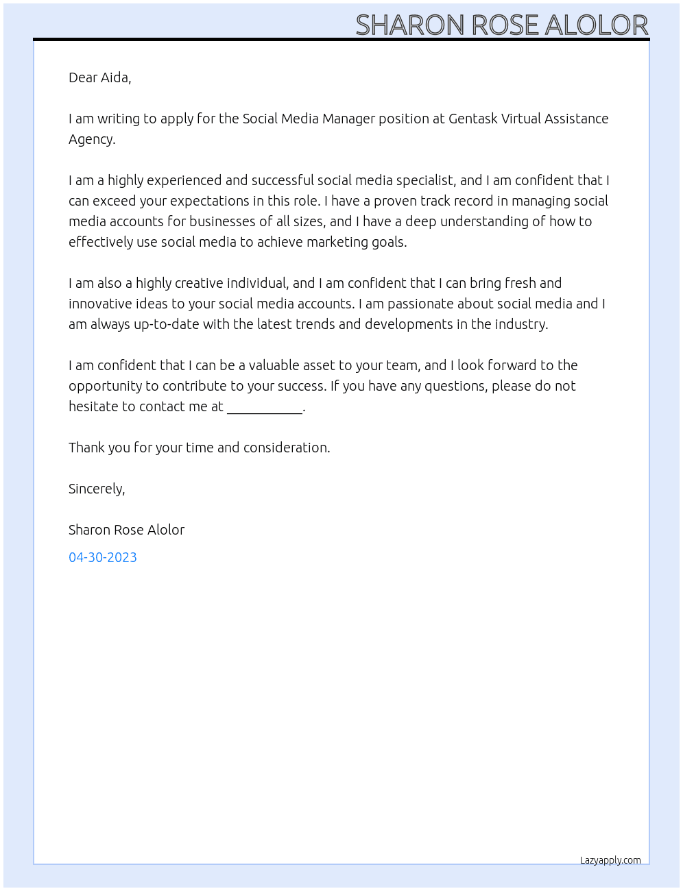 Social Media Manager At Gentask Virtual Assistance Agency Cover Letter