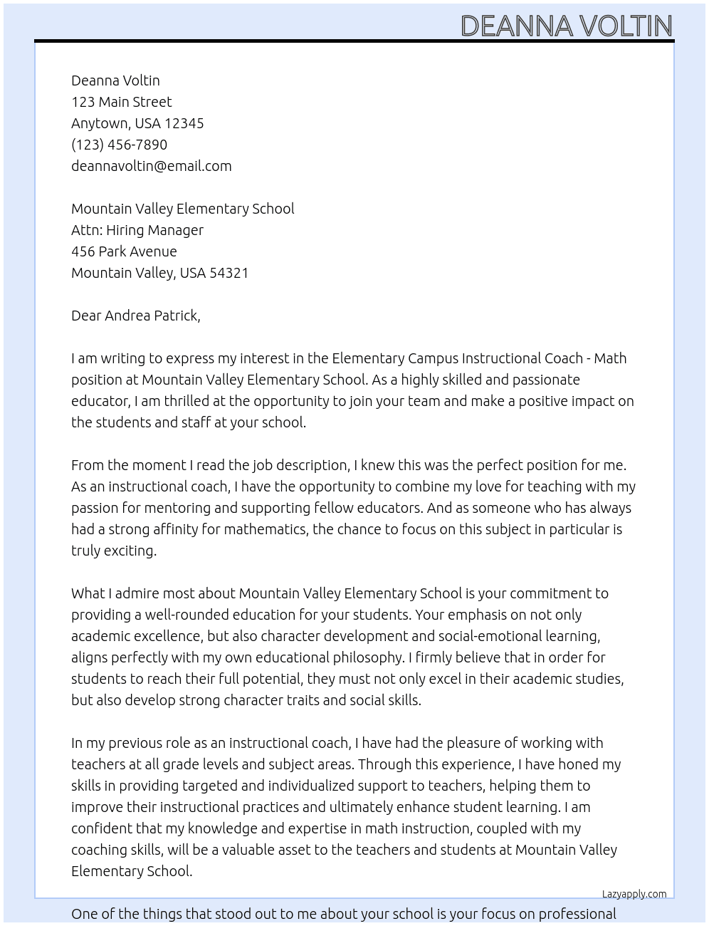 Elementary Campus Instructional Coach - Math At Mountain Valley Elementary School Cover Letter