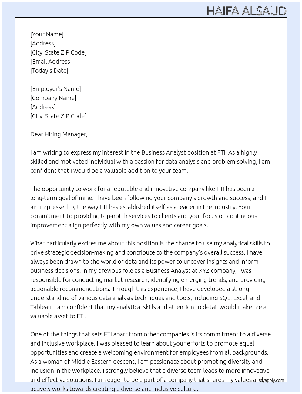 Business Analyst At FTI  Cover Letter