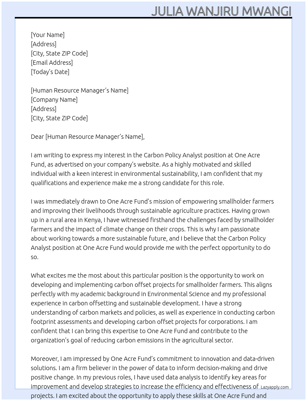 Cover letter for carbon policy analyst - LazyApply