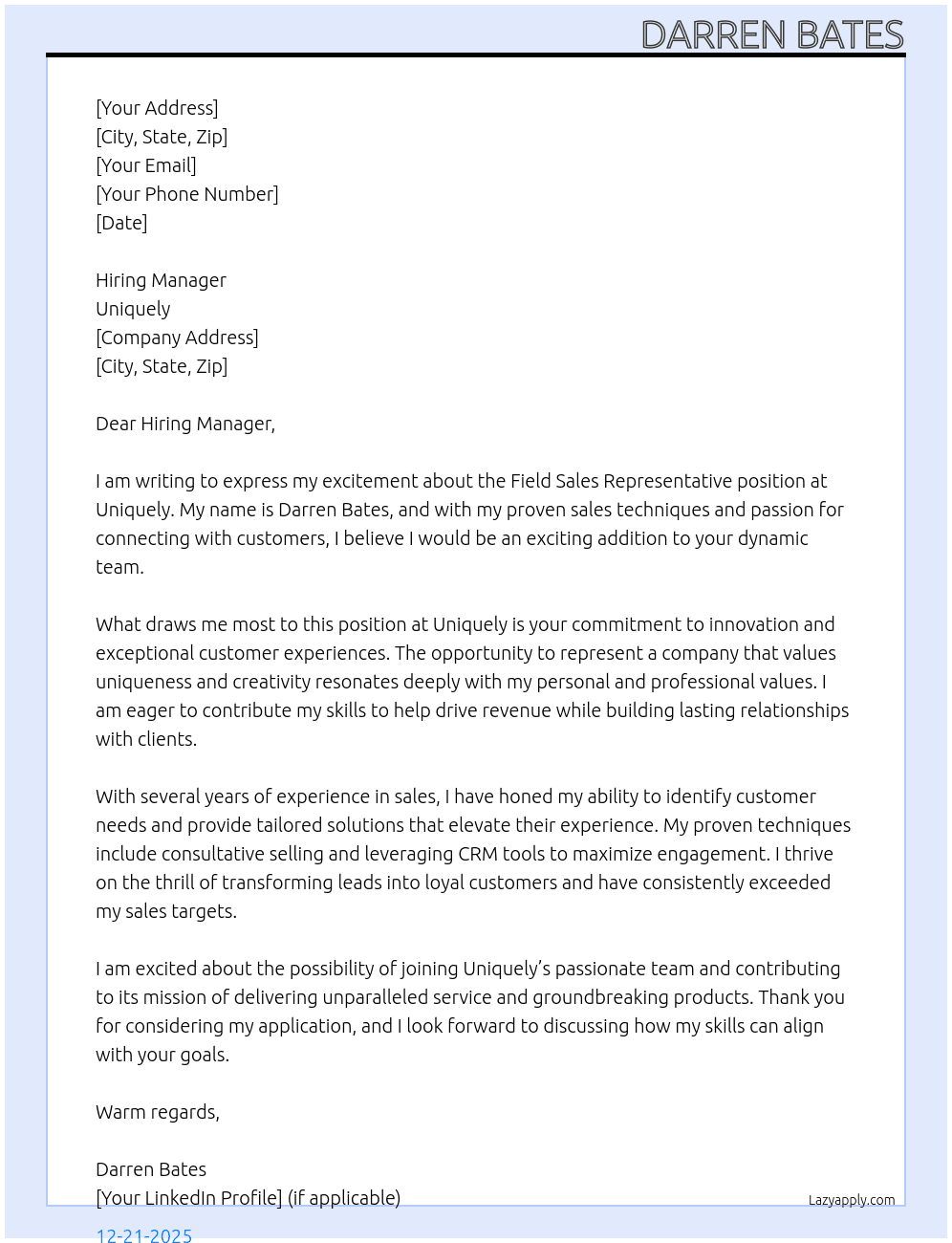 Cover letter for field sales represntative - LazyApply