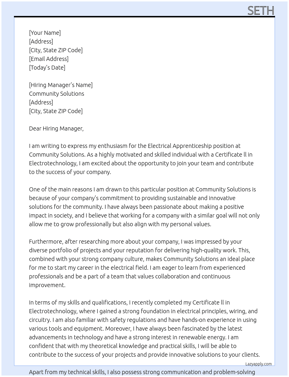 Electrical Apprenticeship At Community Solutions Cover Letter