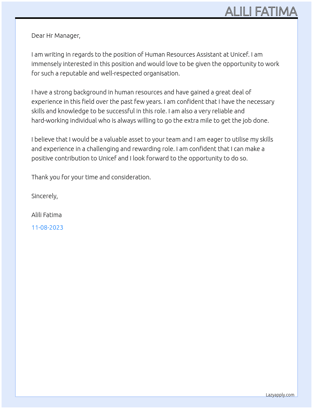 Human Resources Assistant At Unicef Cover Letter