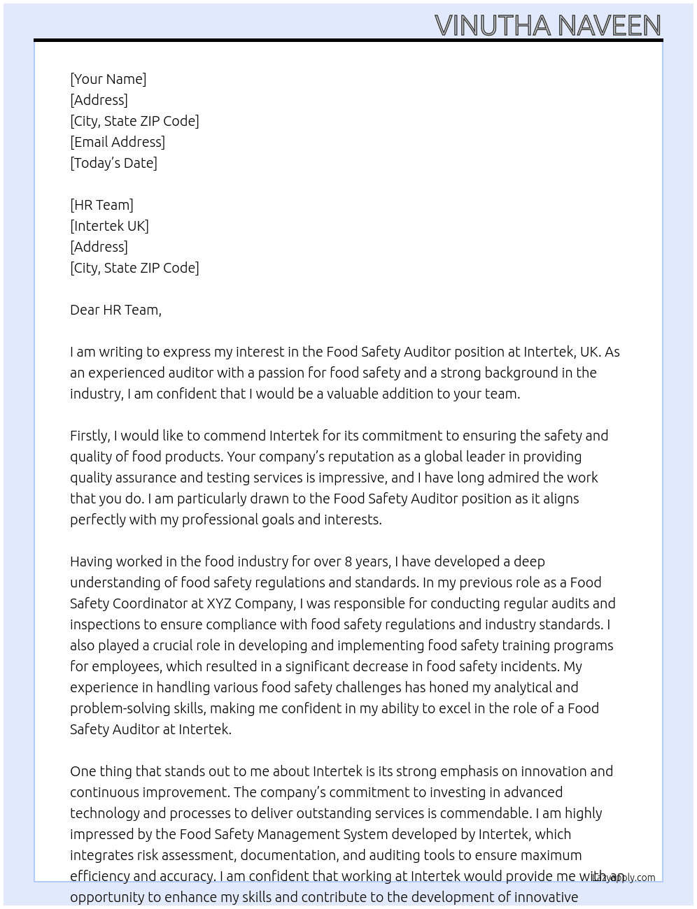 Food safety auditor At Intertek, Uk Cover Letter