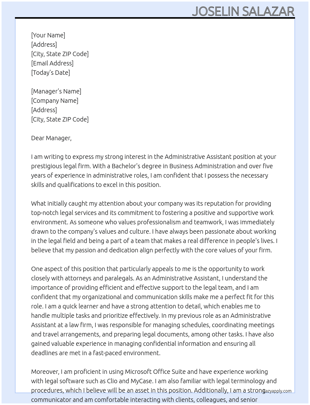 Administrative assistant  At Legal firm Cover Letter