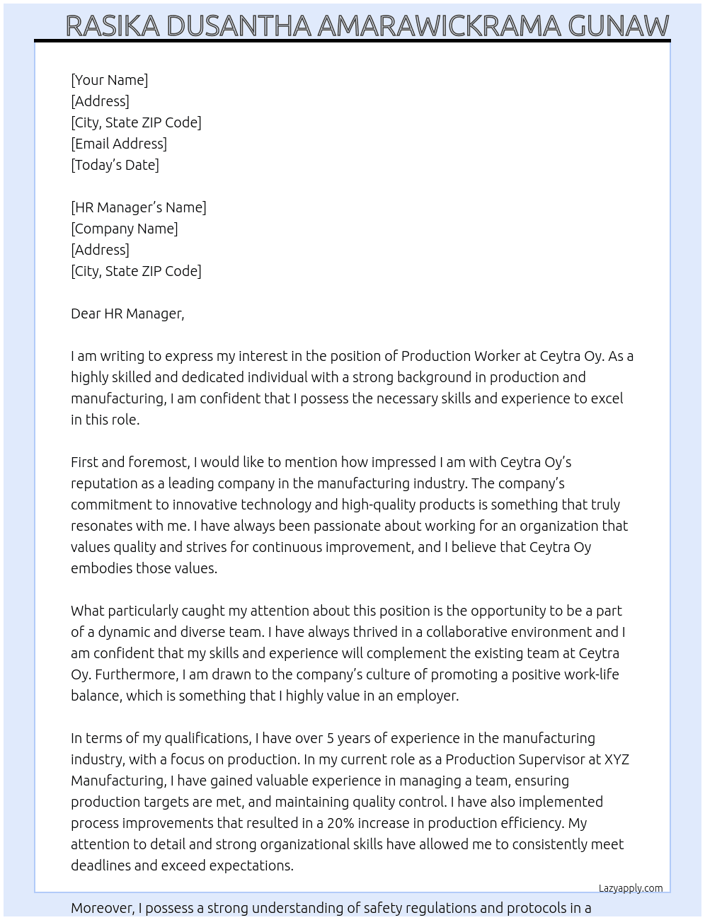 production worker At Ceytra Oy Cover Letter