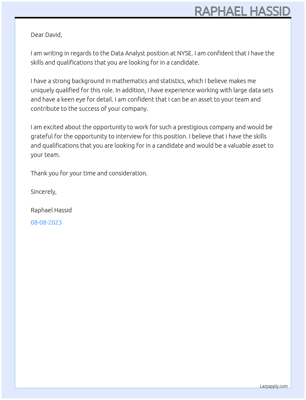 Data Analyst At NYSE Cover Letter