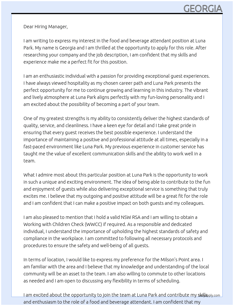 food and beverage attendant At Luna Park Cover Letter