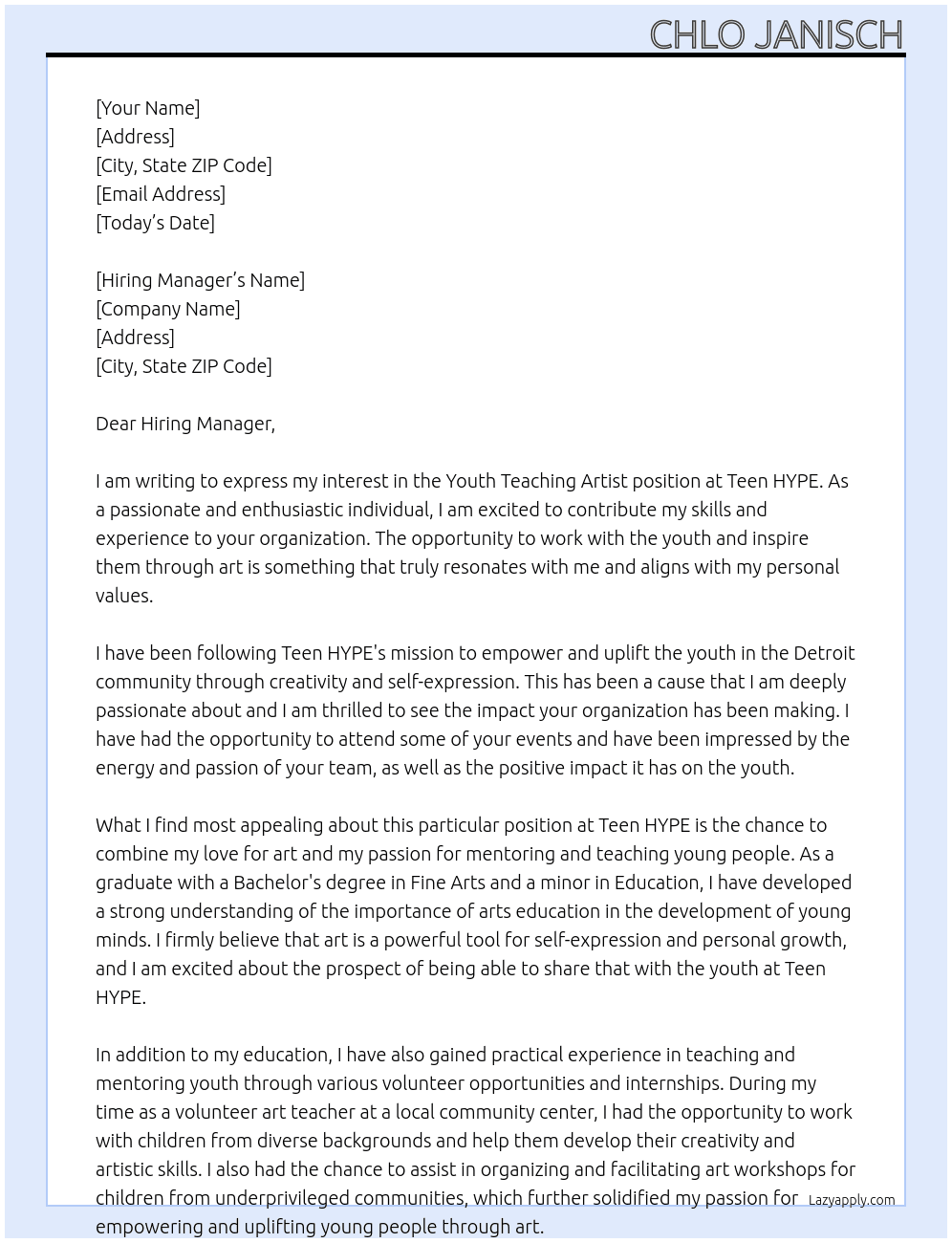Youth Teaching Artist At Teen HYPE Cover Letter