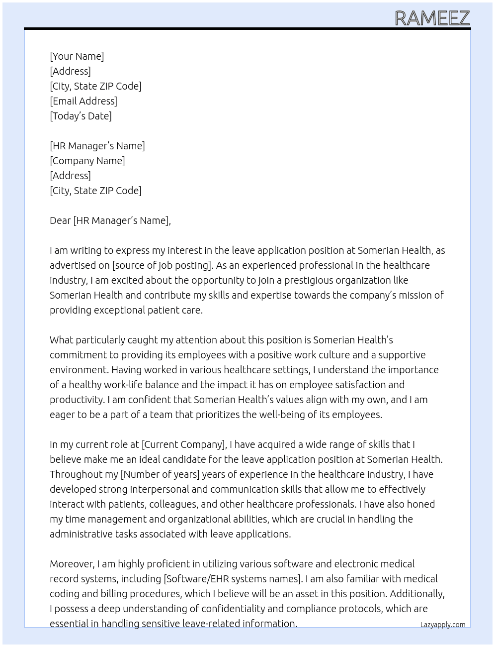 leave application At Somerian Health Cover Letter