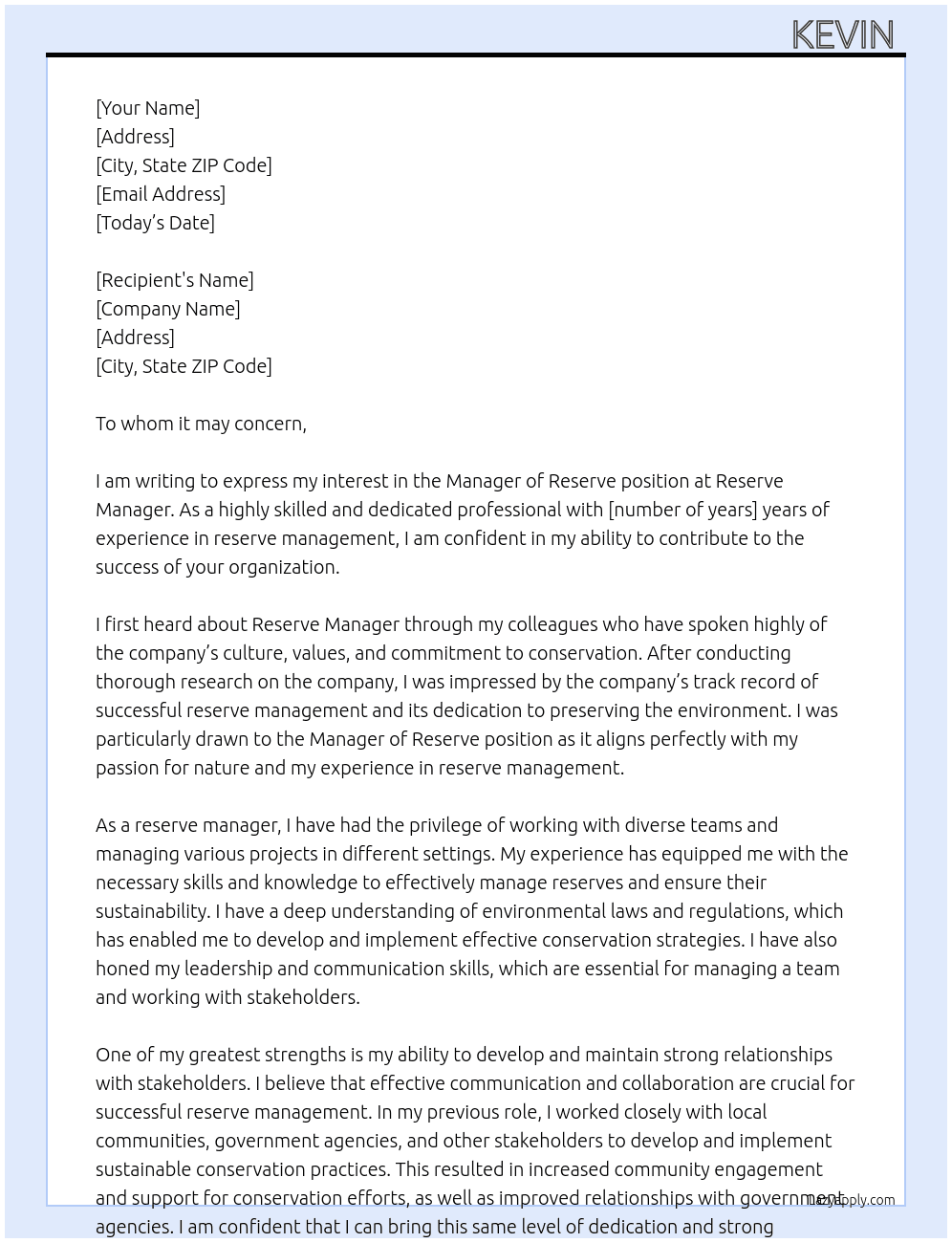 Cover letter for manager of reserve - LazyApply