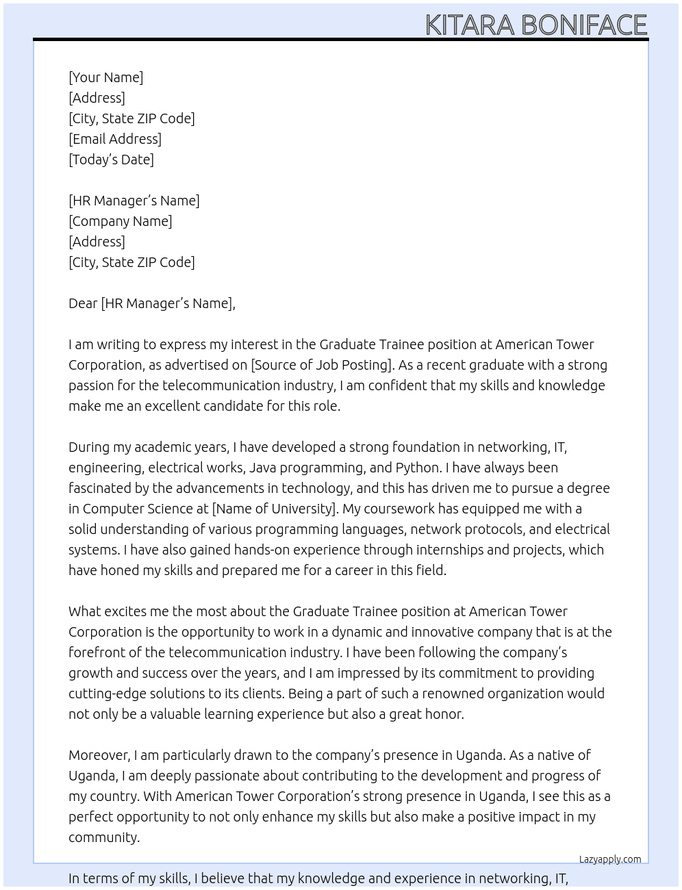 Graduate Trainee At American Tower Corporation Cover Letter