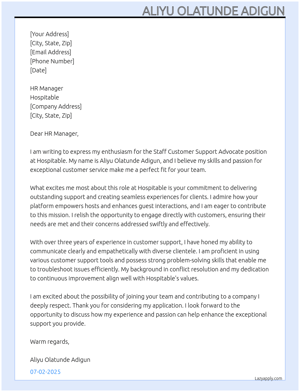 Cover letter for staff customer support advocate - LazyApply