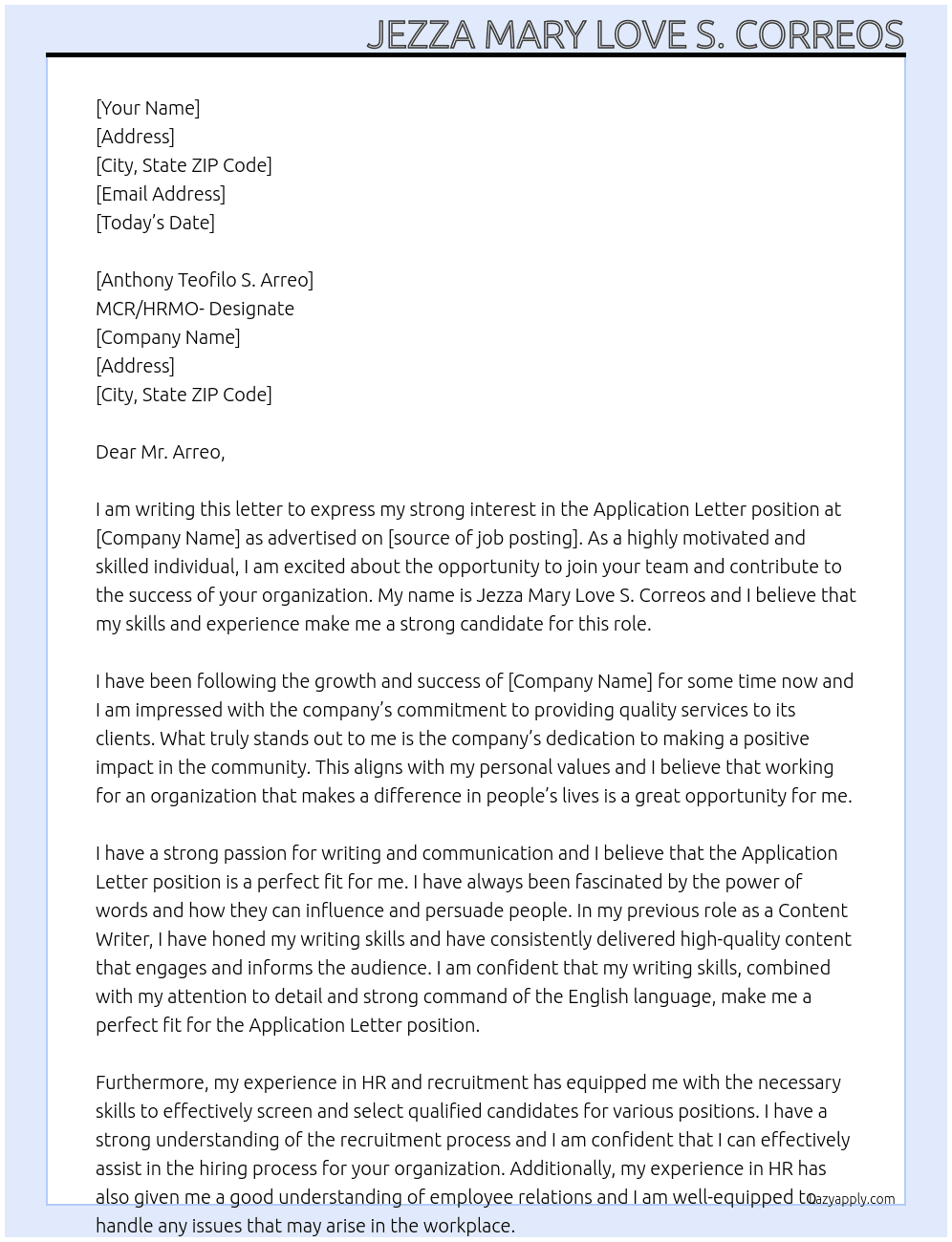 Application Leeter At SECRETARY TO THE SANGGUNIANG BAYAN Cover Letter