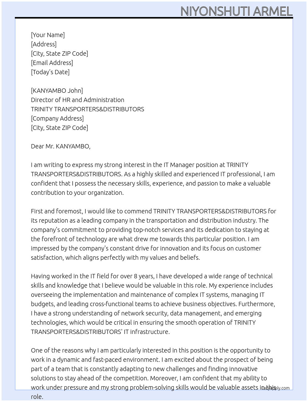 IT Manager At TRINITY TRANSPORTERS&DISTRIBUTORS Cover Letter