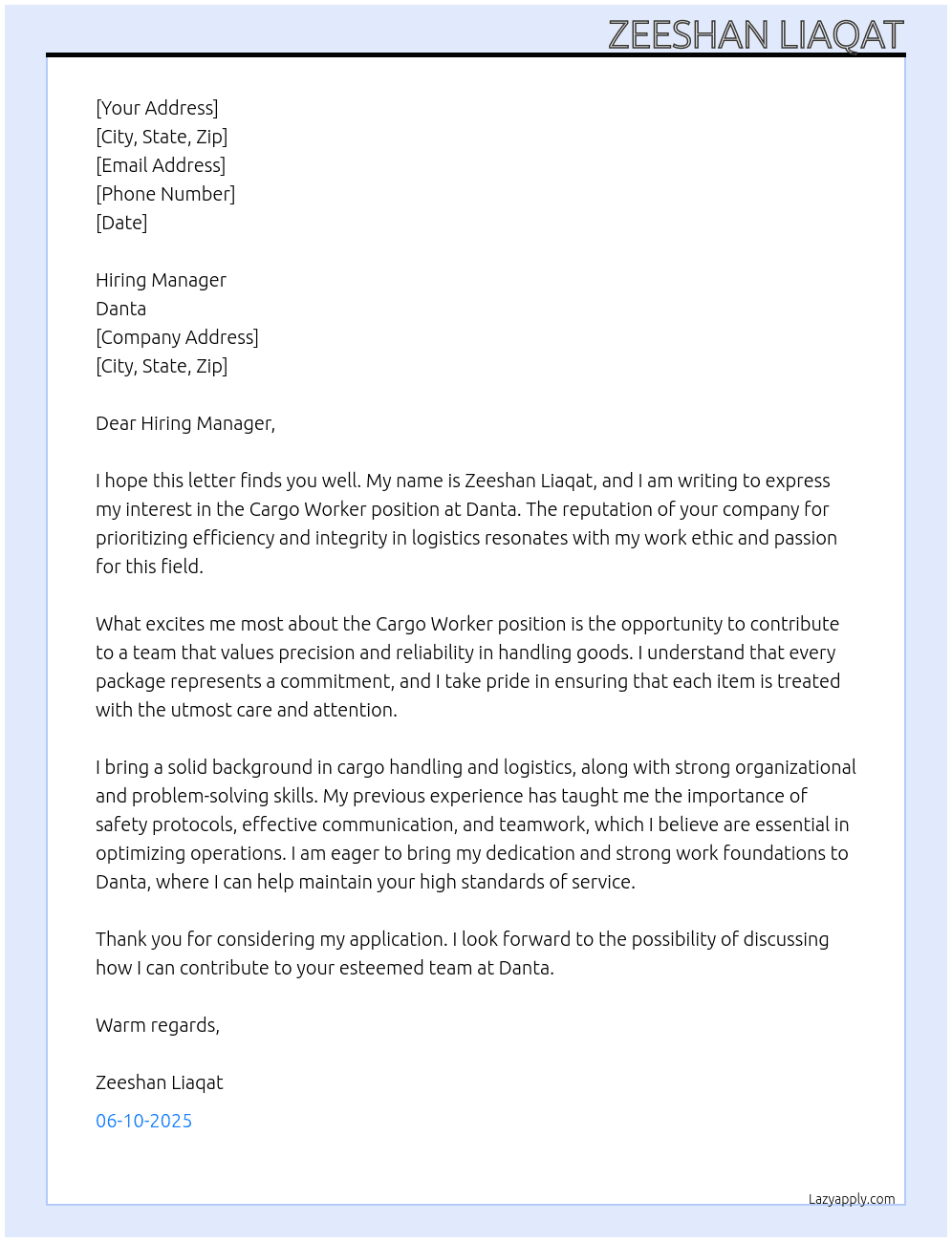 Cover letter for cargo workar - LazyApply